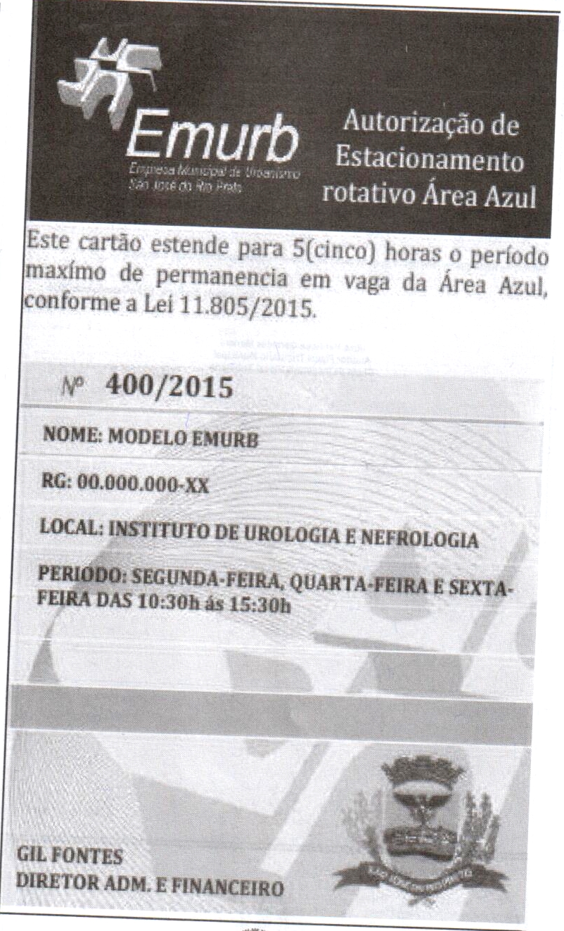 Modelo de credencial que será emitida pela Emurb autorizando estacionamento
