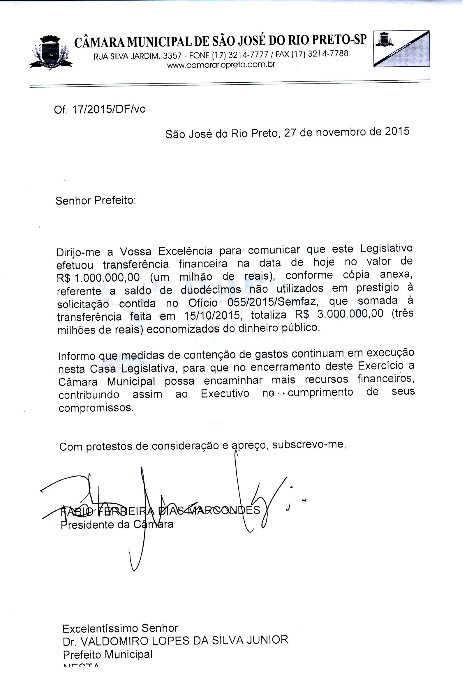Ofício enviado por Marcondes a Valdomiro comunicando devolução de R$ 1 milhão